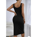Vestido Preto Midi Decote Quadrado Com Fenda E Alça Larga