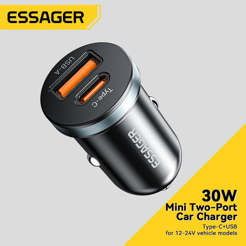 Essager carregador do telefone do carro do tipo C do USB, carregamento rápido, PD, QC 3.0, SCP, 5A, iPhone, Xiaomi, Samsung, 30W