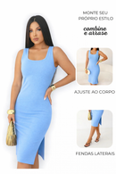 Vestido Azul Midi Decote Quadrado Com Fenda E Alça Larga
