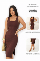 Vestido Marrom  Midi Decote Quadrado Com Fenda E Alça Larga