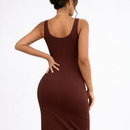 Vestido Marrom  Midi Decote Quadrado Com Fenda E Alça Larga