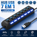 Hub 7 Portas USB Botoes Liga e Desliga